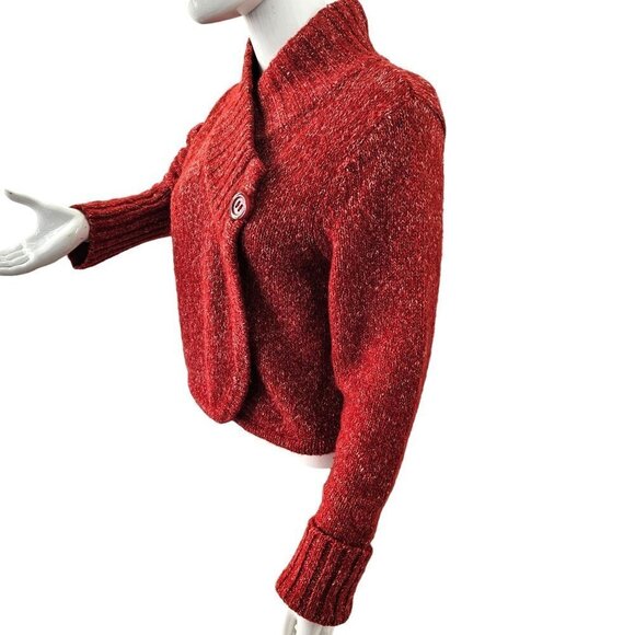 Nine West Jeans Short Cardigan Red Knit Single Button Sweater Womens L - Picture 3 of 11